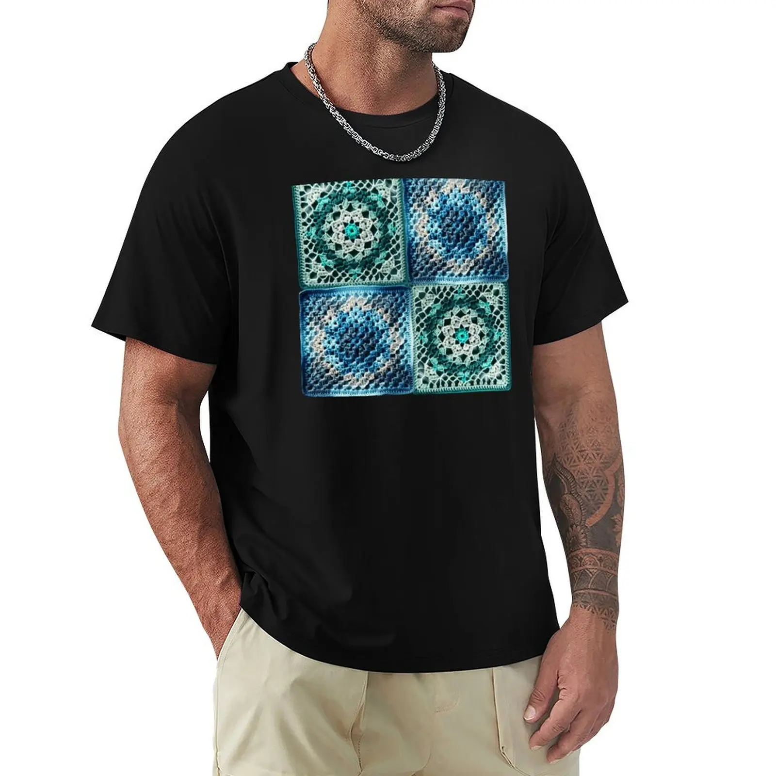 Blue and Green Vintage Granny Crochet Aesthetic Pattern T-Shirt No Iron Casual Short Sleeve Top
