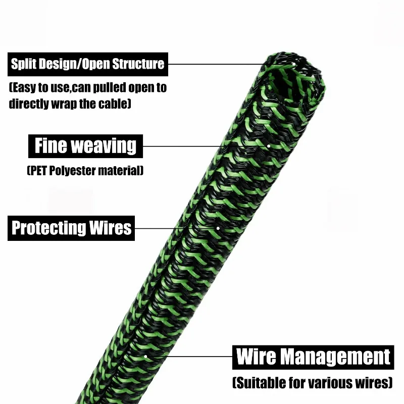 2~20m PET Self-Closed Braided Cable Sleeve Dia 3/5/8/10/13/16/19/25/32mm Insulated Wrap Auto Wire Organizer Protector Line Wrap