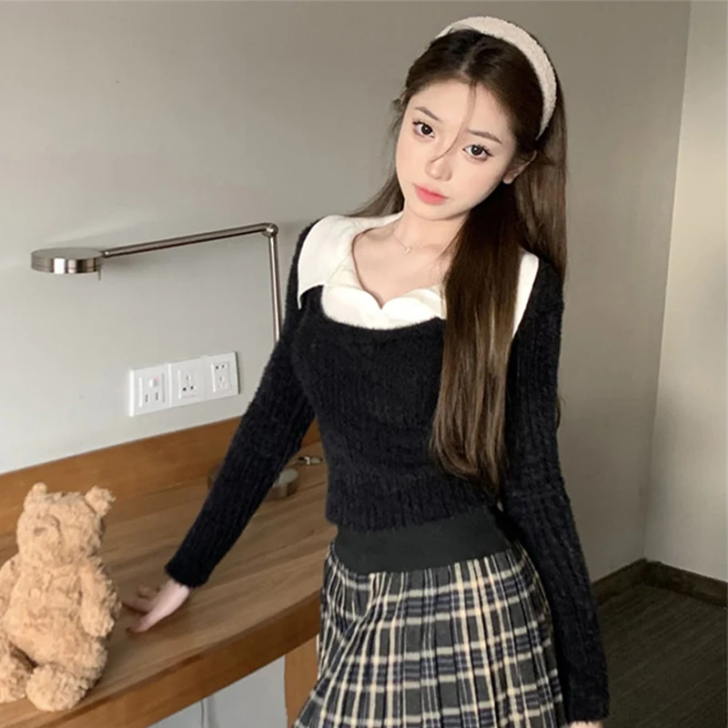 MEXZT Fake 2 Pcs Sweaters Women Y2K Patchwork Cropped Knitted Pullovers Korean Slim Jumpers Sweet Preppy All Match Knitwear Tops