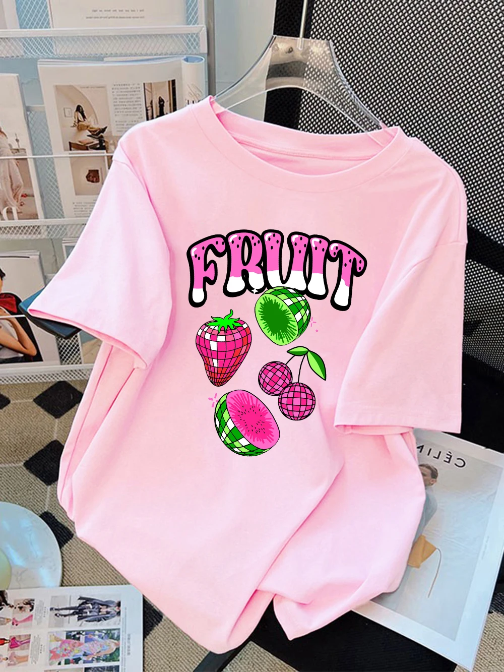 

Summer T-Shirts Cotton Womens Fruit Cherry Watermelon Printing Short Sleeve Comfortable Soft O-Neck Tops Holiday Womans Clothes