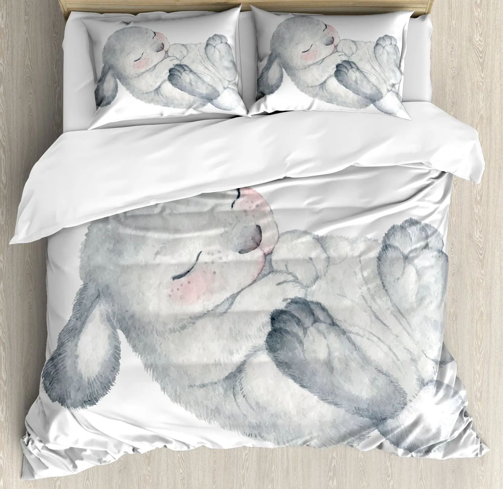 Cute Rabbit Duvet Cover Watercolor Sketch of Sleeping Single White Easter Bunny Room Decorative Bedding Set for Girls Children