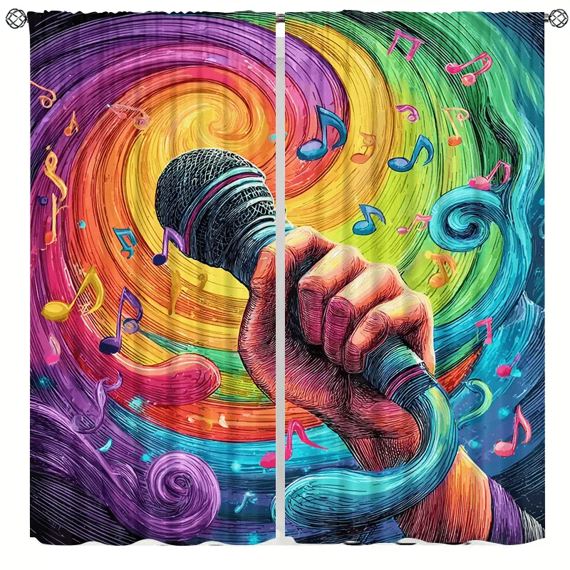 Vibrant Music Microphone Notes Abstract Curtains Bohemian Pop Art Performance Curtain Shower Curtain Home Decor Panels