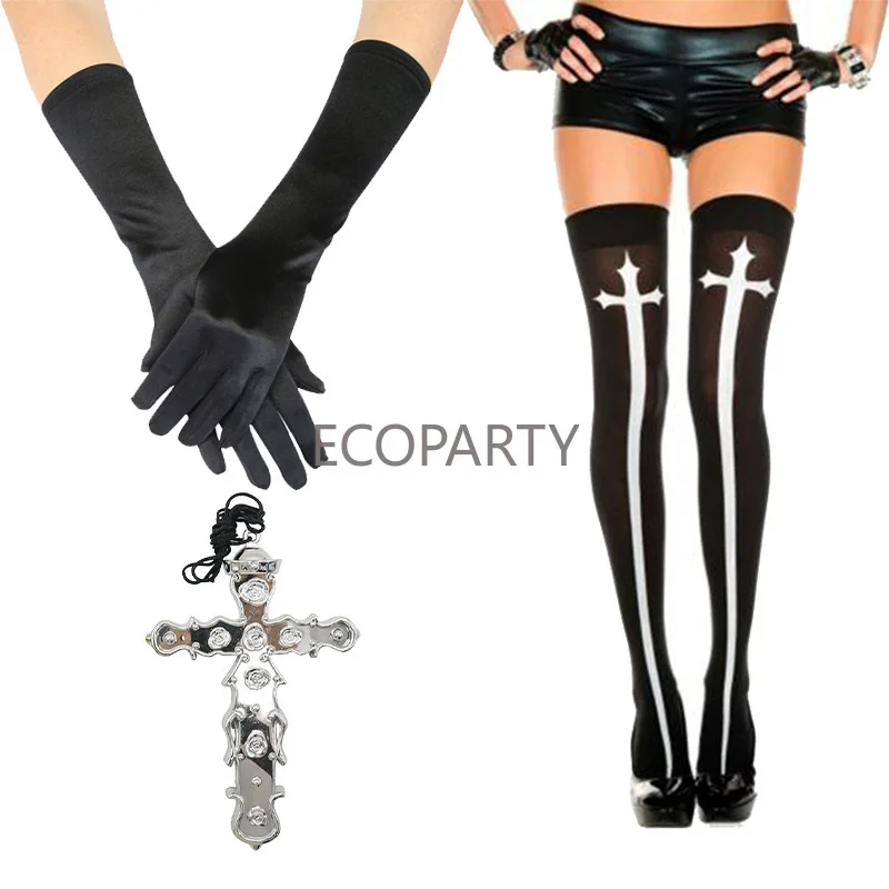 Halloween Cosplay Carnival Theme Party Nun Socks Gloves Cross Necklace Party Accessory Set Cosplay Costume Women Three-piece