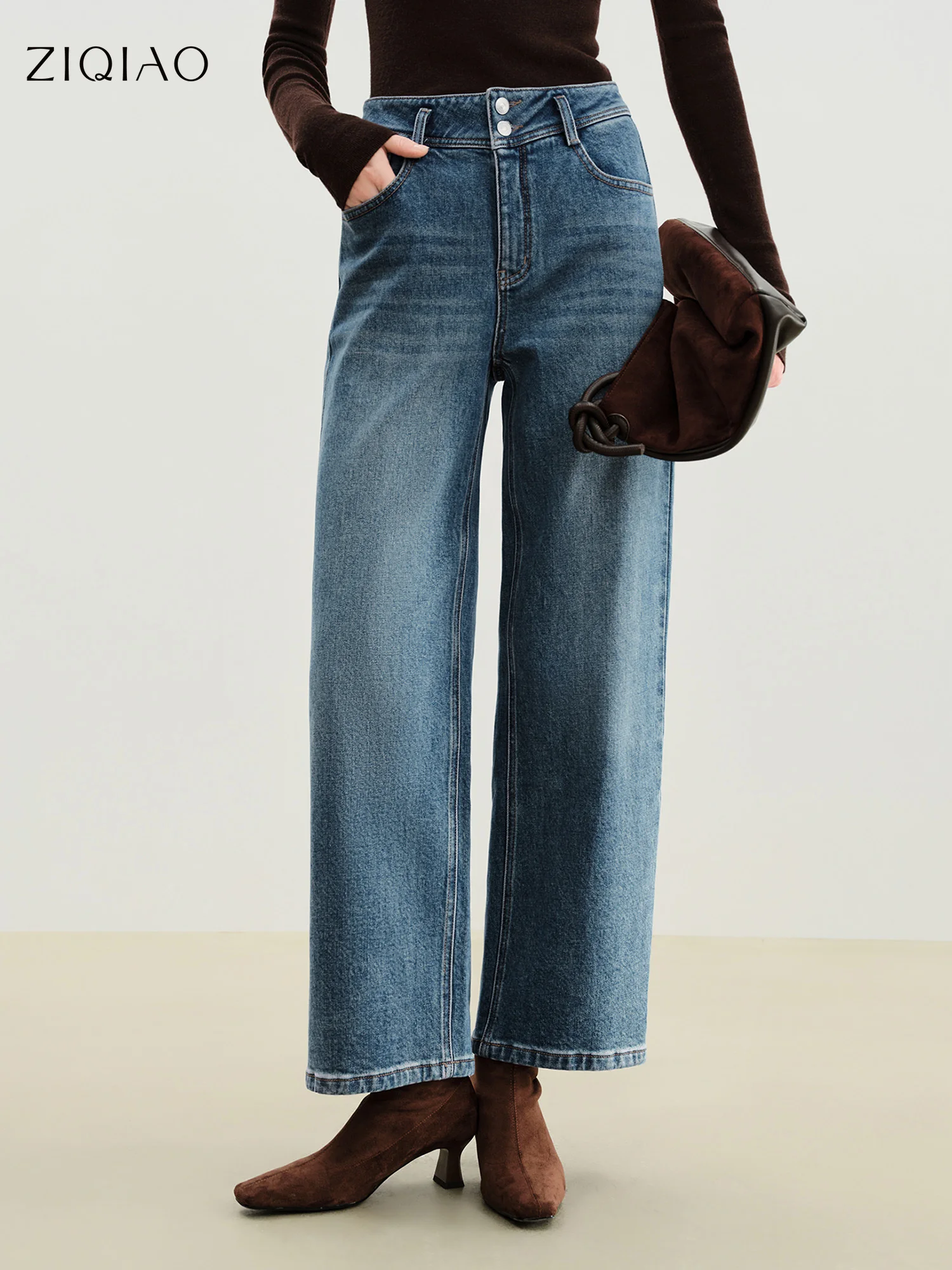 

ZIQIAO 2025 Autumn Winter Women's Petite High Waist Flannel Lined Straight Leg Jeans Ankle Length Warm Fleece Lined Trousers