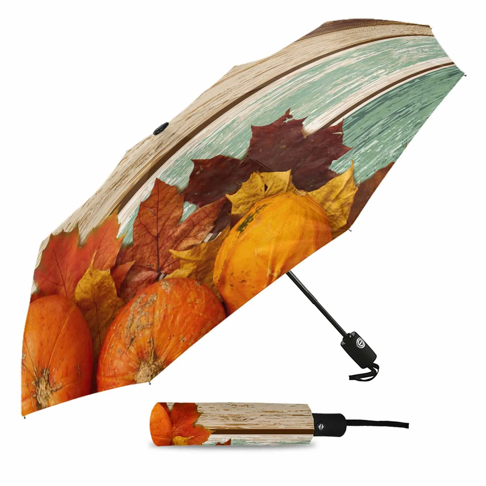 Thanksgiving Pumpkin Wood Grain Automatic Umbrella Portable Folding Sunny and Rainy Umbrella Women Parasol Umbrella