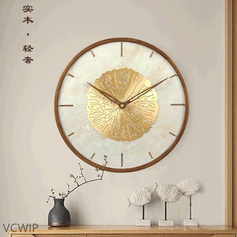 New Chinese Style Solid Wood Brass Wall Clock for Home Use Fashionable and Quiet Nordic Light Luxury No Punching Required