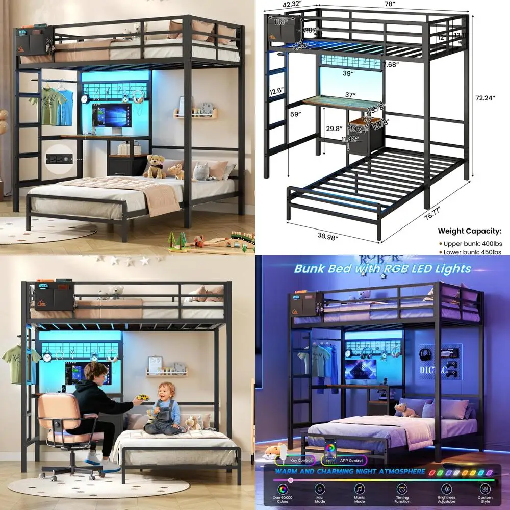 سرير معدني مزدوج على شكل حرف L مع مكتب وأضواء LED ومحطة شحن، تتميز بأدراج التخزين والأرفف #1