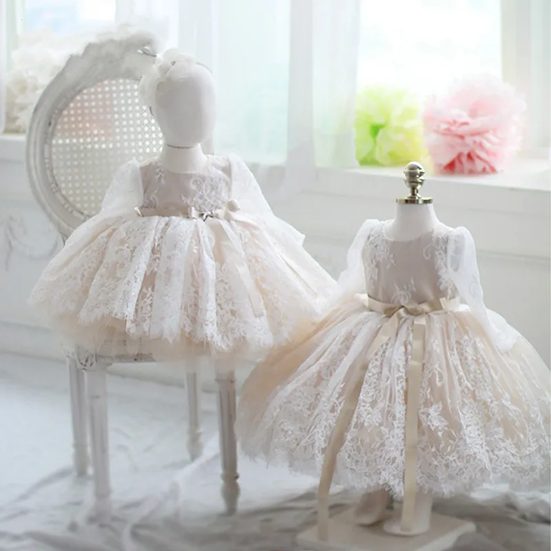 

New Long Sleeve Baby Girl Dresses For Party Wedding Princess Lace Flower Girls Dress Christening 1st Birthday Princess Ball Gown
