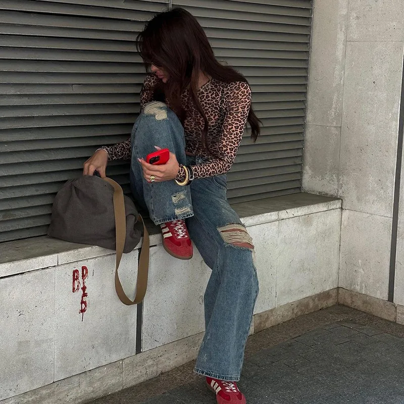 Langärmliges Damen-T-Shirt im europäischen und amerikanischen Stil mit Rundhalsausschnitt und Leopardenmuster, schlankes und sexy Halbperspektive-T-Shirt