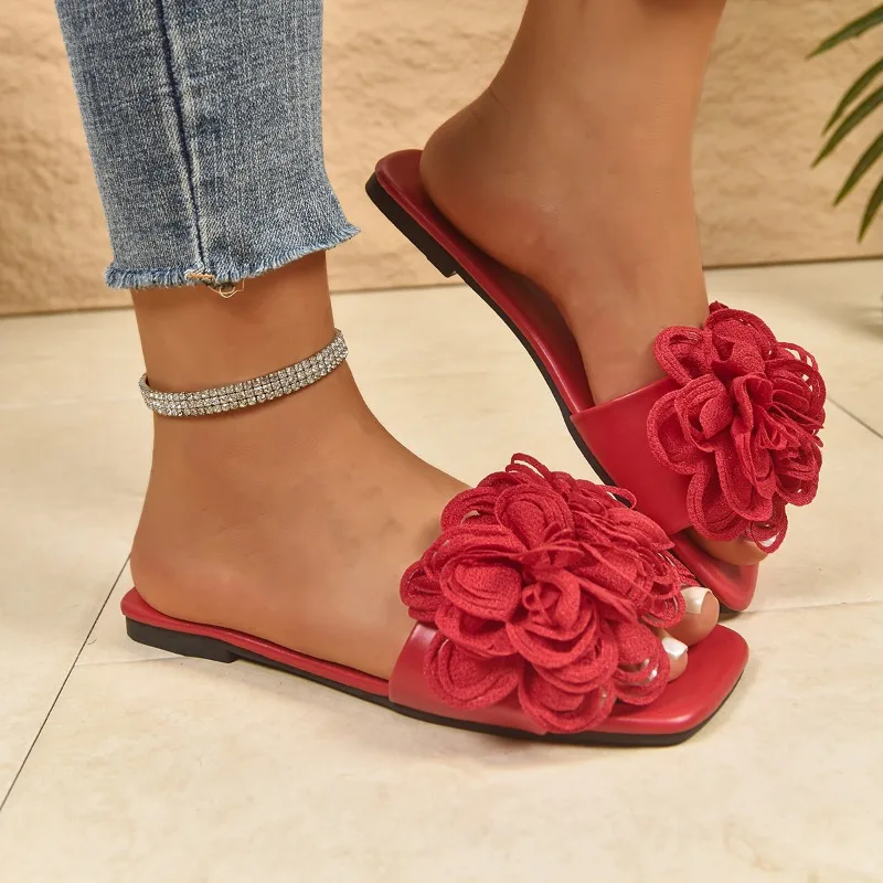 Nuevas Sandalias Planas de Verano para Mujer con Punta Cuadrada, Decoradas con Flores, Elegantes y Cómodas para Caminar o Estar en Casa