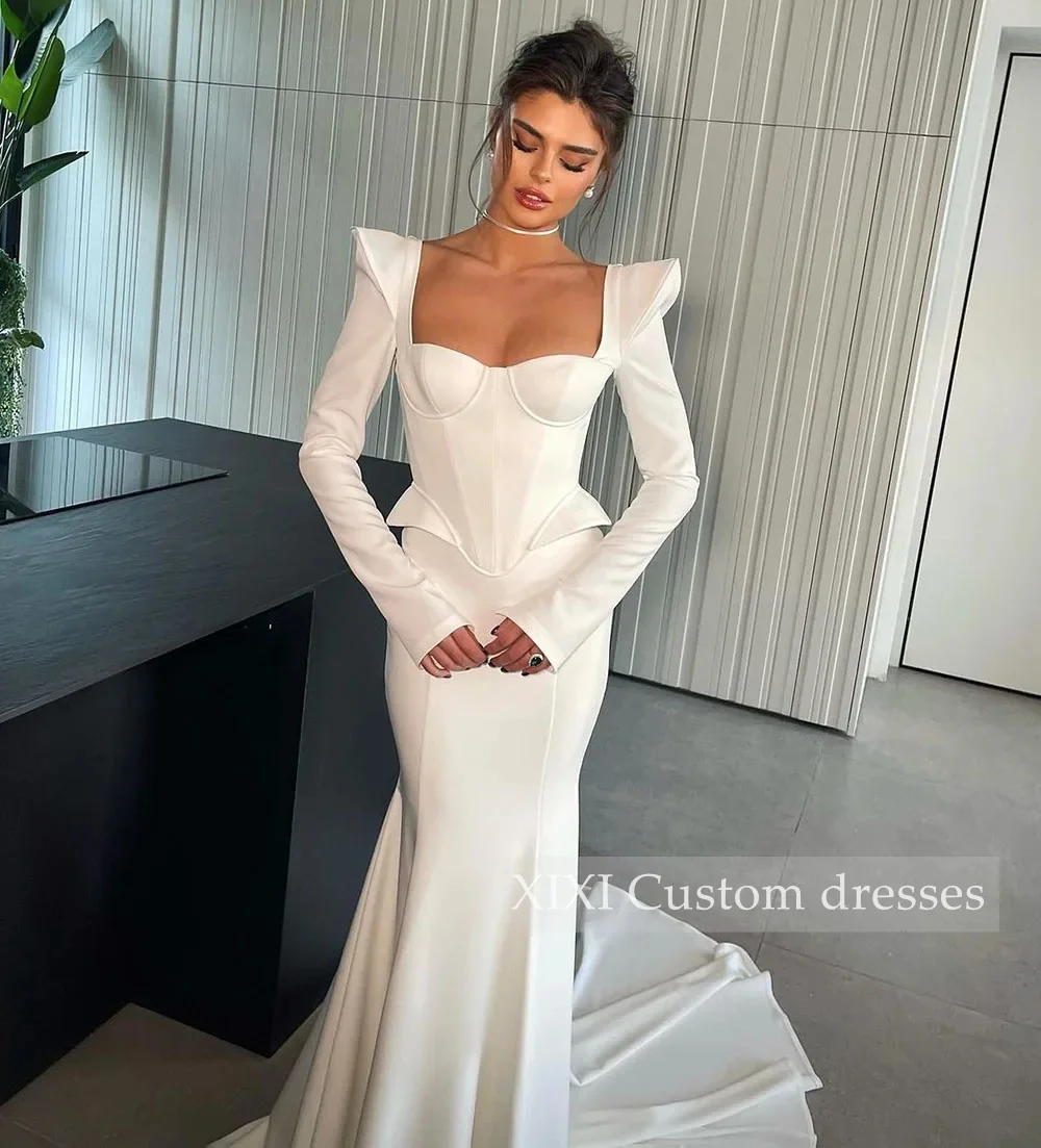 XIXI Customized Evening Dresses Prom Dresses Long Sleeves Corset Bridal Gowns Arabic Square Neck Brides Dress Robe Exquisite Hig