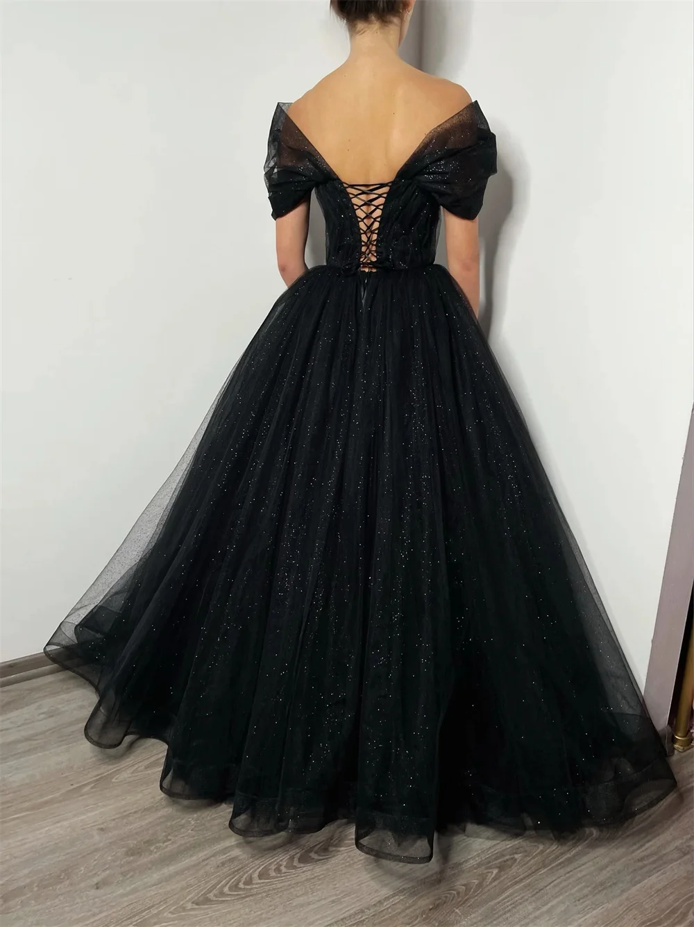 Annie Black Prom Dresses Off-the-shoulder Glitter Evening Dress Vestidos Fe Fiesta Tulle Corset Wedding Frmal Party Dresses