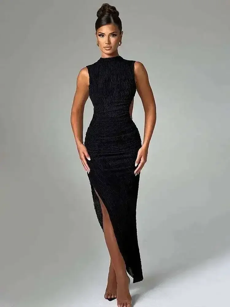 플리츠 디자인의 우아한 미디 롱 바디콘 드레스 여성용 드레스 스플릿 백리스 나이트클럽 섹시 파티 드레스