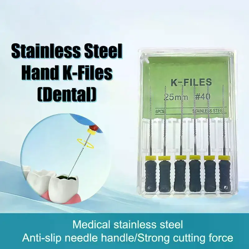 Lot de 6 limeurs endodontiques manuels K-files en acier inoxydable 21/25/31 mm pour canaux radiculaires – Outils dentaires pour dentistes