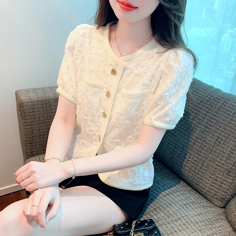 Summer Fashion Short Sleeve O-Neck Women Shirt Casual Lace White Blouse Shirt Women Tops Blusas Mujer De Moda 2024 Verano H610