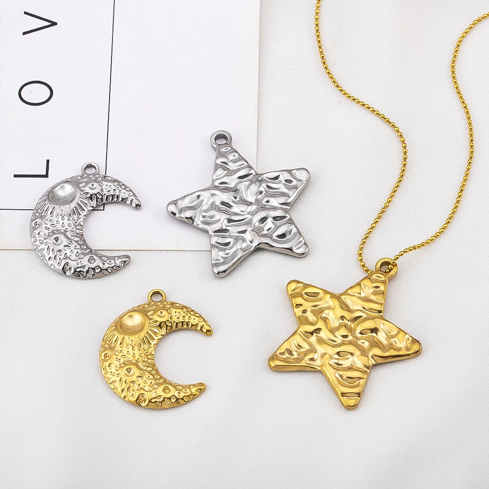 Lote de 5 piezas de dijes grandes de acero inoxidable con diseño de sol, estrella y luna para la fabricación de joyas DIY: collares, pulseras, pendientes y colgantes para mujer