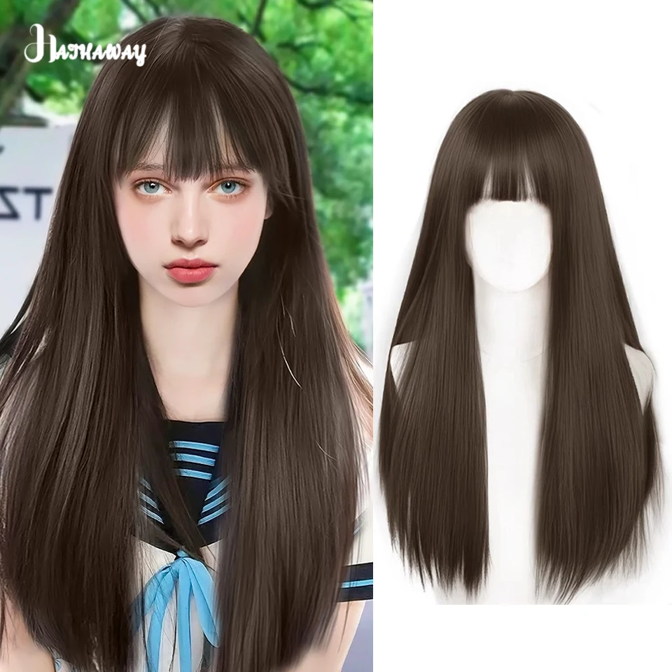 22 Inch Long Straight Hair Female Synthetic Wig Long Straight Hair Brown Natural Aging Daily Whole Wig Party Shopping Daily Wear