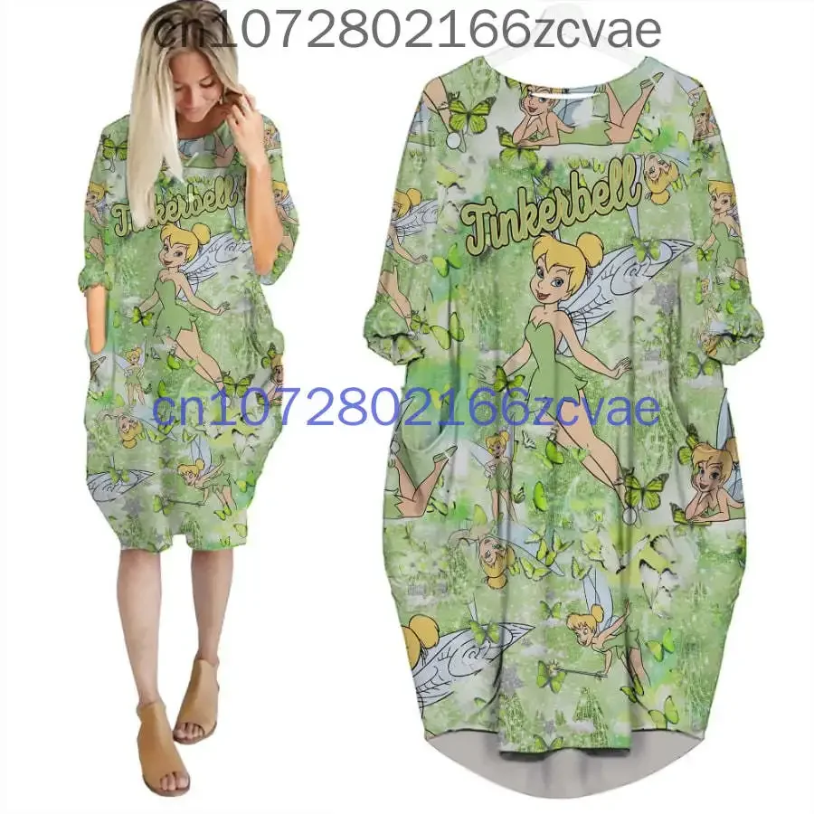 New Tinker Bell abito tascabile a pipistrello da donna Disney 3D stampato Oversize Fashion Street Girls Pullover abito a maniche lunghe