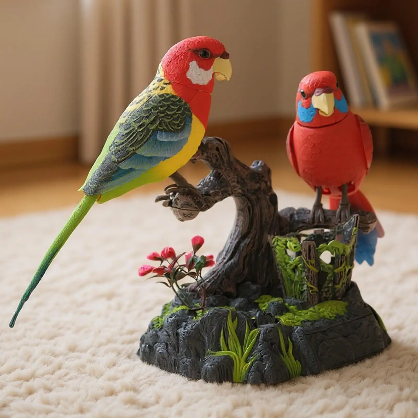 歌う鳥のおもちゃ、可動式、プラスチック製、電子制御、音声出力、学習室のインテリアとして最適。