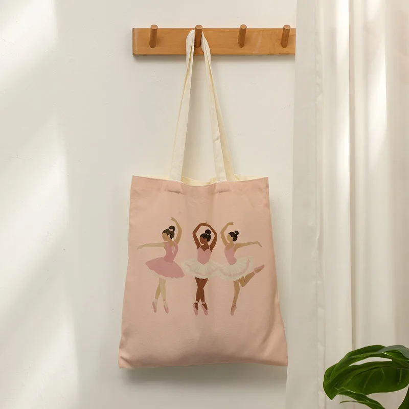 Elegant Ballerina Canvas Tote Shopping Bag Ballet Dancer Print Reusable Shoulder Bag For Dance Fans