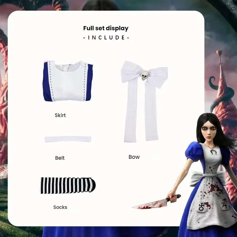 

Anime Alice Madness Maid Apron Dress Socks Game Madness Returns Alice Cosplay Costume for Women Girls Cosplay Halloween Party