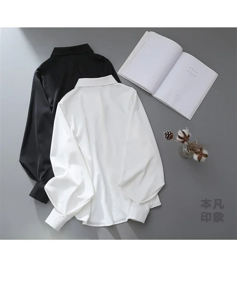 

White Women Shirts Lantern Sleeve Loose Turn-down Collar Simple Solid Blouses Design Chic Korean Style Fashion OL Blouse Top