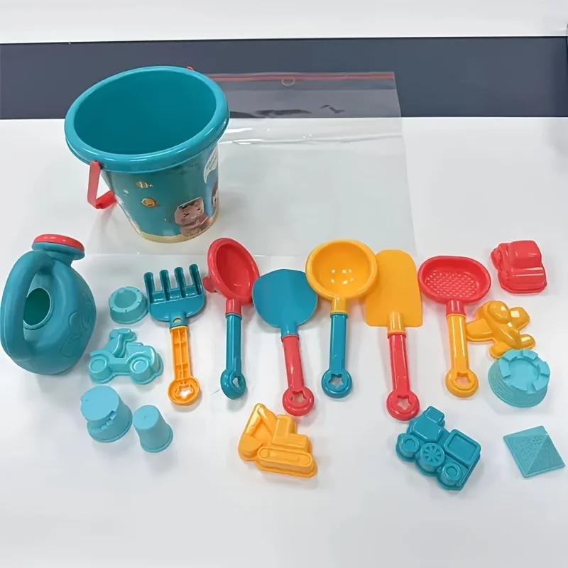 18 ชิ้น/เซ็ตถังพลาสติก,รถนาฬิกาทราย,ถังชายหาด,เครื่องมือเล่นทราย,ของเล่นกลางแจ้งชายหาดฤดูร้อน,เกมแบบโต้ตอบสําหรับผู้เล่นหลายคน