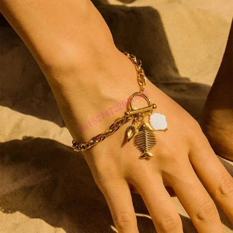 Marine Inspired Adjustable OT Clasp Bracelet Sea Shell Fishbone Conch Pendant Bangle Jewelry For Women Men M76B