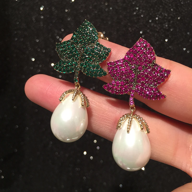Romantic Maple Leaf CZ Pearl Chandelier Earrings Gold Tone drop earrings trendy Bridal Formal Jewelry