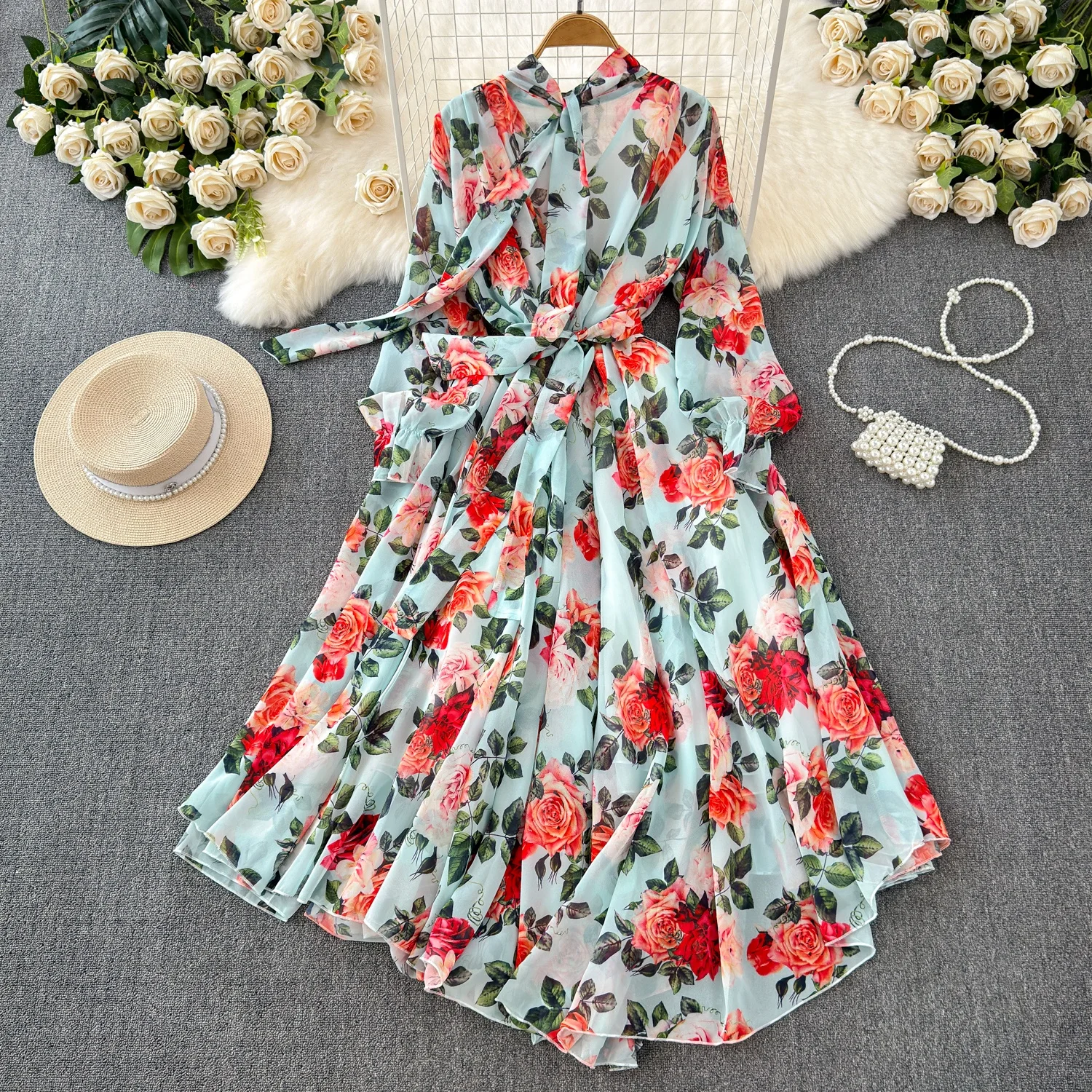 Clothland Women Vintage Floral Chiffon Maxi Dress Bow Tie Sashes Long Sleeve One Piece Chic Long Dresses Vestido QD789