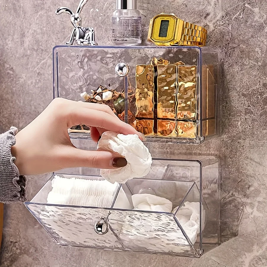 Boîte de rangement murale transparente pour salle de bain, organisateur de maquillage, organisateurs en acrylique transparent, coton-tige, boules de coton, cheveux