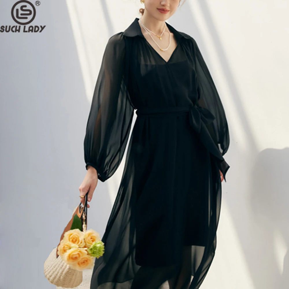 

100% Natural Silk Women's Dress Turn Down Collar Long Sleeves Elegant Designer Vestidos