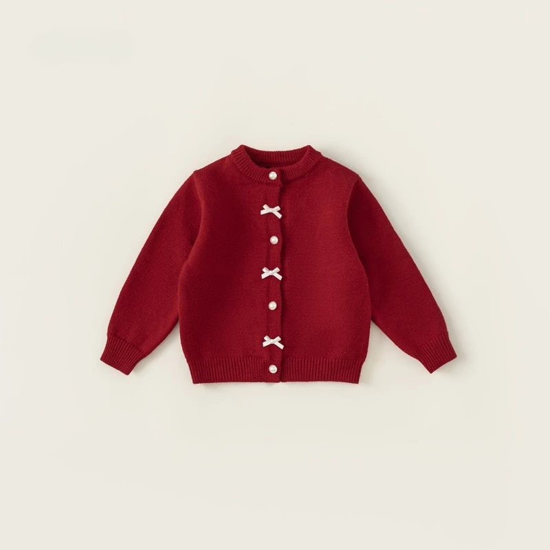 Childrens Clothing Girls Sweater Red Autumn New Item Baby Bow Round Neck Cardigan Soft Knit Cardigan Kids Clothes Girls