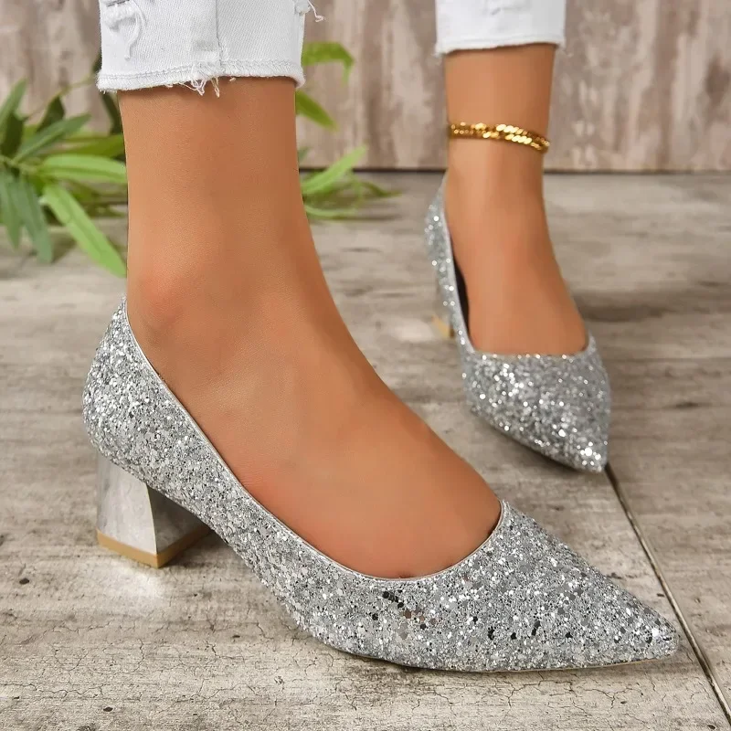 2024 Spring Autumn New Fashion Large Heel Single Shoes Wearing Sequin Face Pointed Toe Comfortable Shallow Mouth Shoes for Women