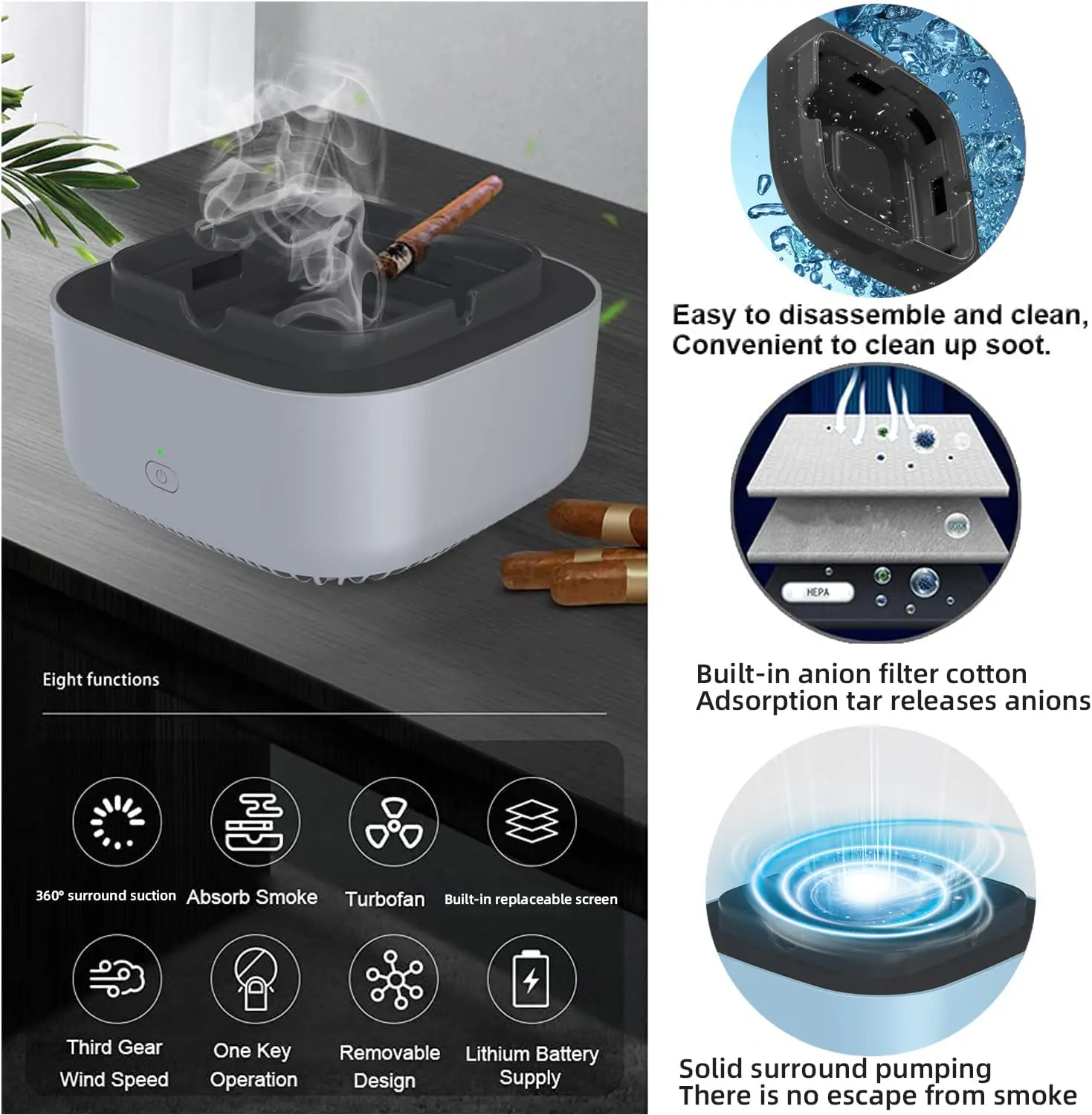 Surround Air Cleaners Electronic Smokeless Ashtray 360° Direct Suction Smokeless Ashtray Secondhand Smoke Air Filter for Home