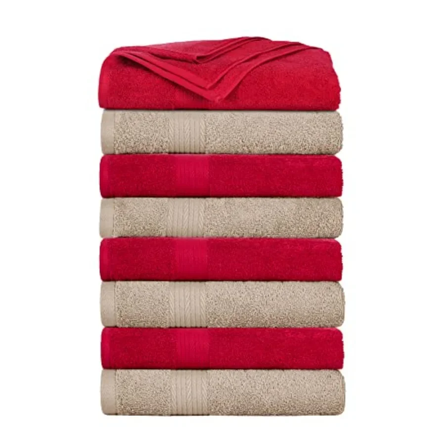 Bath Towels Set of 8 for Bathroom Hotel Spa Gym Kitchen 600 GSM 100 Cotton Beige Red Absorbent Soft Premium Quality Machine Was
