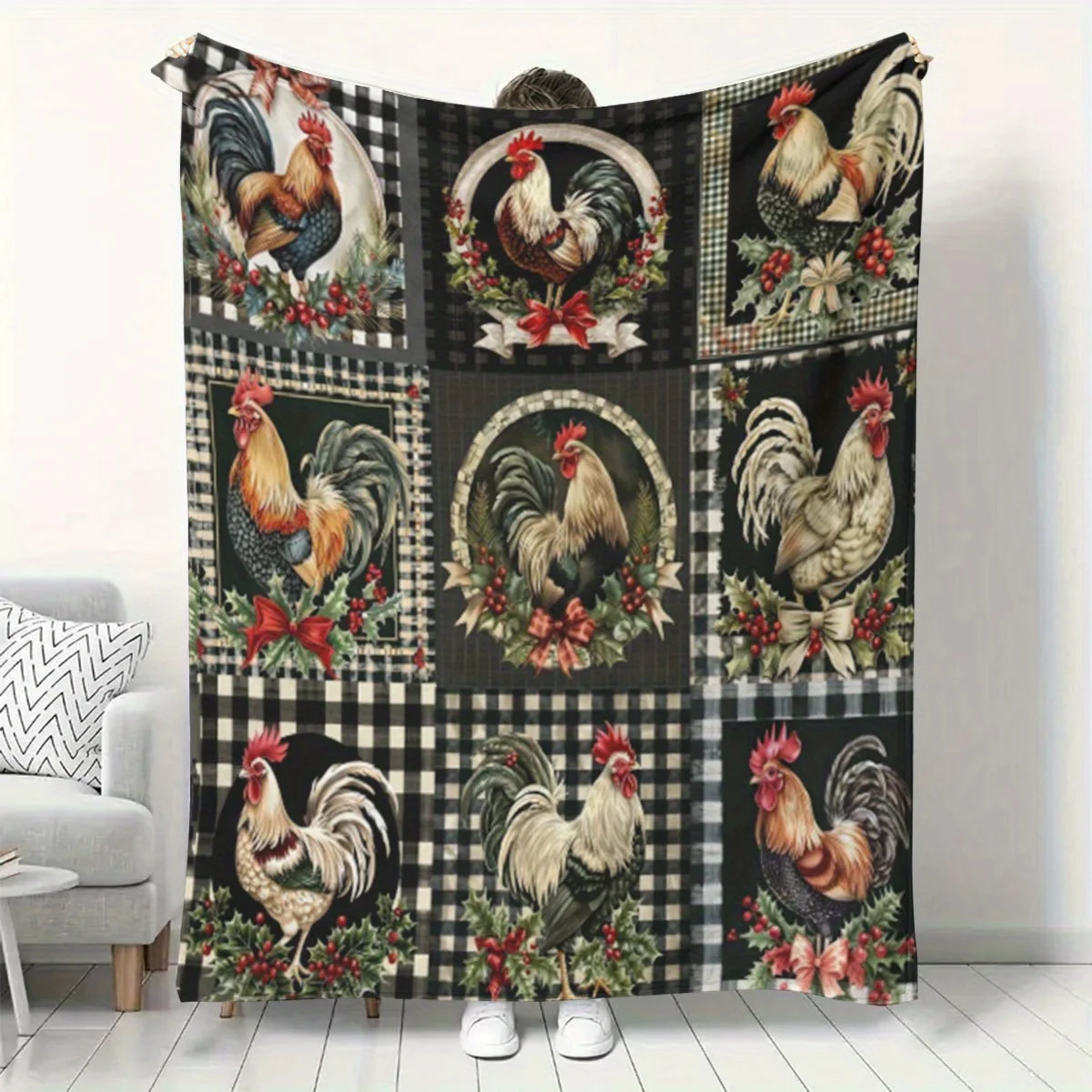 1pc Comfortable American Vintage Rooster Medieval Rustic Country Themed Pattern Flannel Small Throw Blanket, Soft and Warm Blank