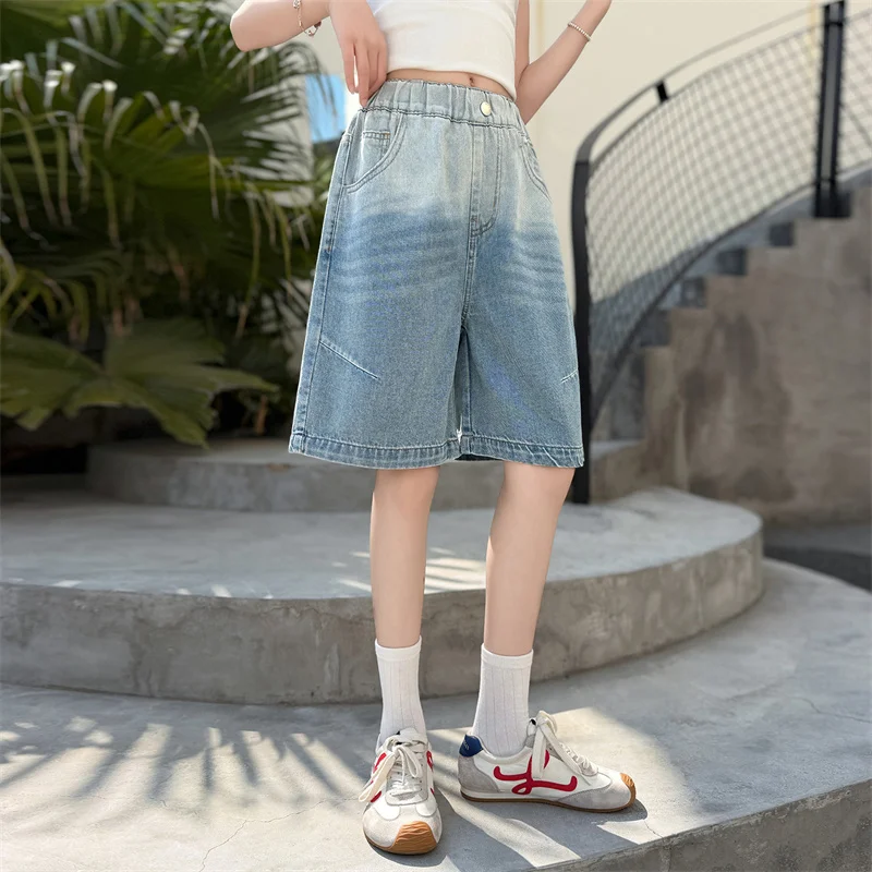 Stylish Children Blue Gradient Denim Shorts for Teenage Girls Casual Street Bottom Pants Kids Casual Knee Length Summer Shorts 5