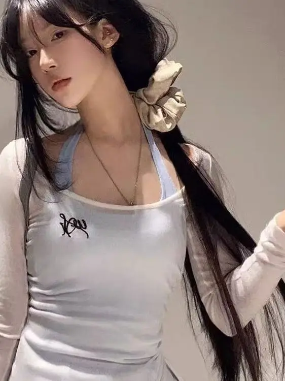 Conjunto de peças de camiseta sensual irmã coreano puro desejo cintura costurado transparente pendurado ne colete emagrecimento calças azuis