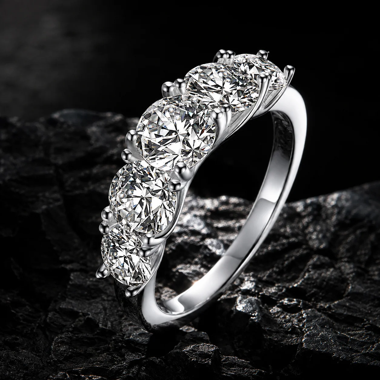 RAPRGOLD 5 Stone Moissanite Ring 14K Gold Plated D Color VVS1 Graduated Bridal Wedding Band for Women