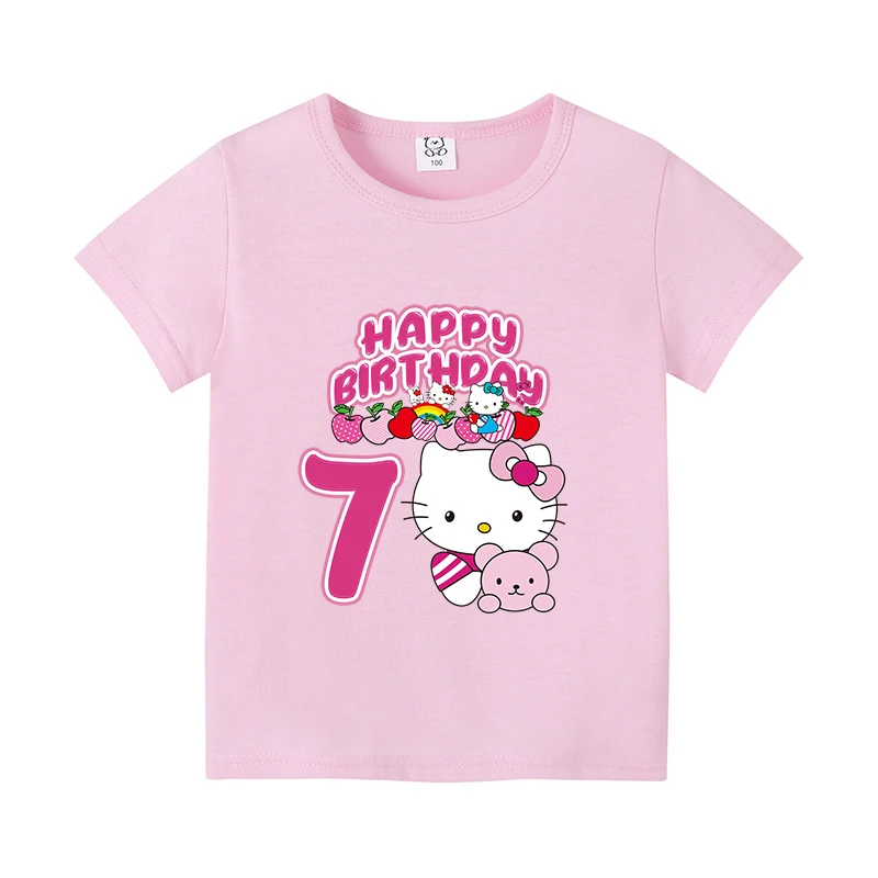 Hello Kitty T-shirt for Children Sanrio Birthday Numbers Pink T-shirt Cute Cartoon Short Sleeve Girl Loose Clothing Kids Gift