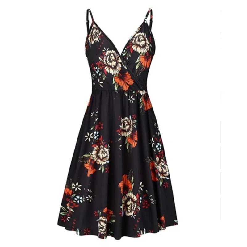 Vestido estampado de verano con tirantes para mujer, ropa Sexy con cuello en V, cintura alta, plisado, Bohemia, vacaciones en la playa