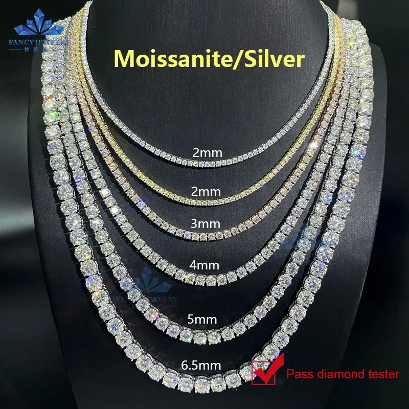 

2MM 3MM 4MM 5MM 6.5MM 10MM Moissanite Tennis Chain Hip Hop Ice Cold D Color VVS 925 Sterling Silver Mossanite Tennis Necklace