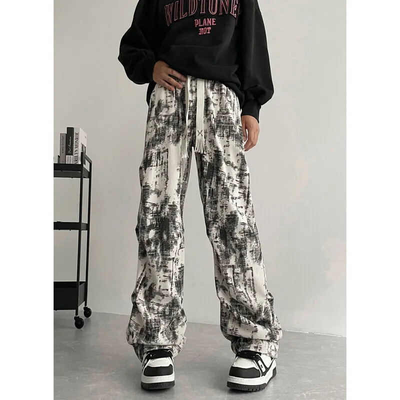 Beige Casual Pants Men Fashion Retro Straight Pants Men Streetwear Hip-hop Loose Tie Dye Pants Mens Vintage Trousers M-3XL