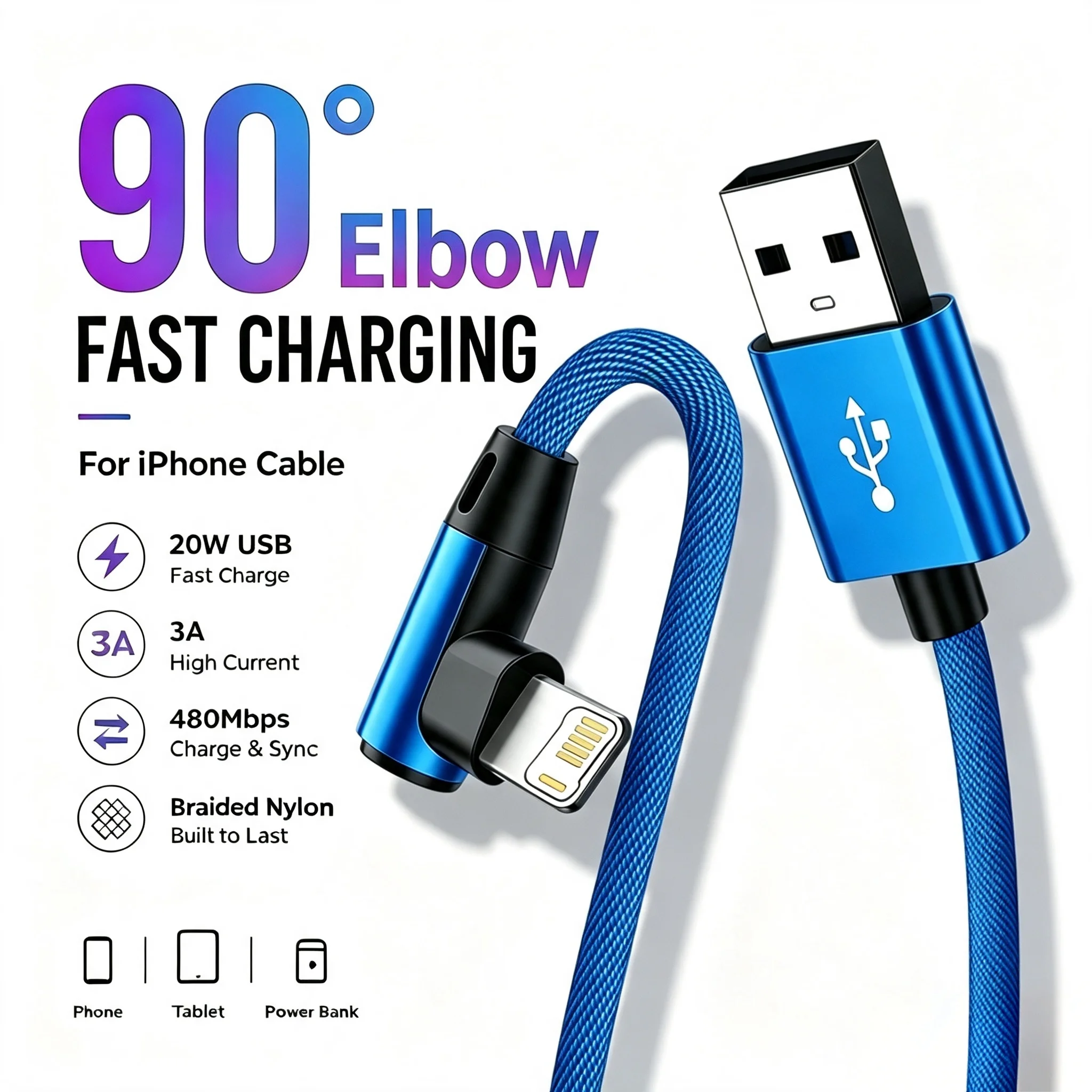 90° Right Angle Elbow USB Fast Charge Cable For iPhone 11 12 13 14 Pro Max XR XS Max 20W USB-A Rapid Charging Data Fabric Cable