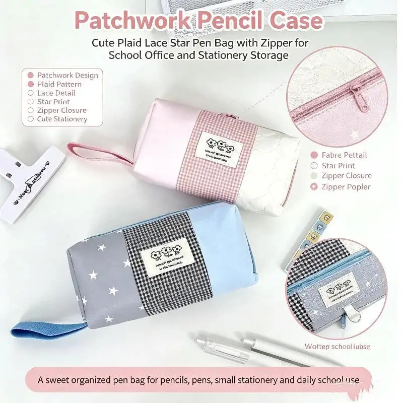 Durable Plaid Color-Blocking Pencil Case Large Capacity Pen Bag Portable Pencil Pouch Gift