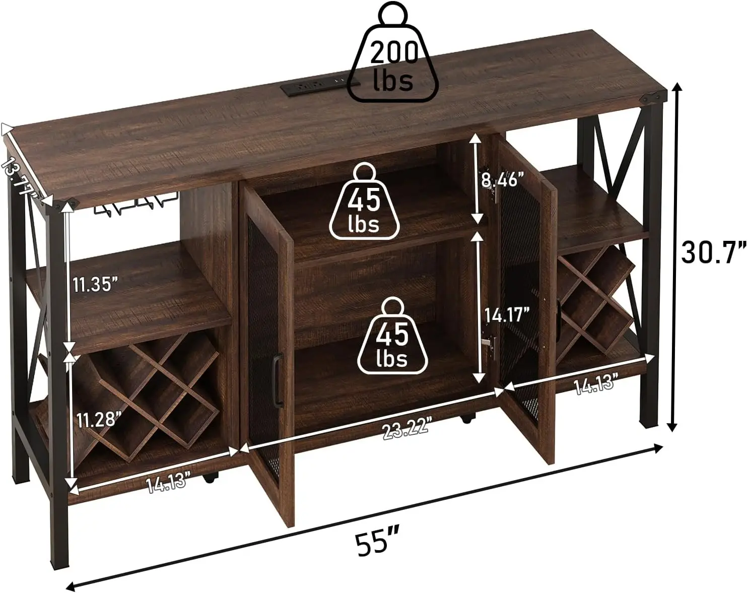 Bar Cabinet w/Outlet& 16,000 Color Lights,Glass Holder,Rustic Liquor Coffee Bar w/Removable Wine Rack,Bar Cabinets w/Drawer for