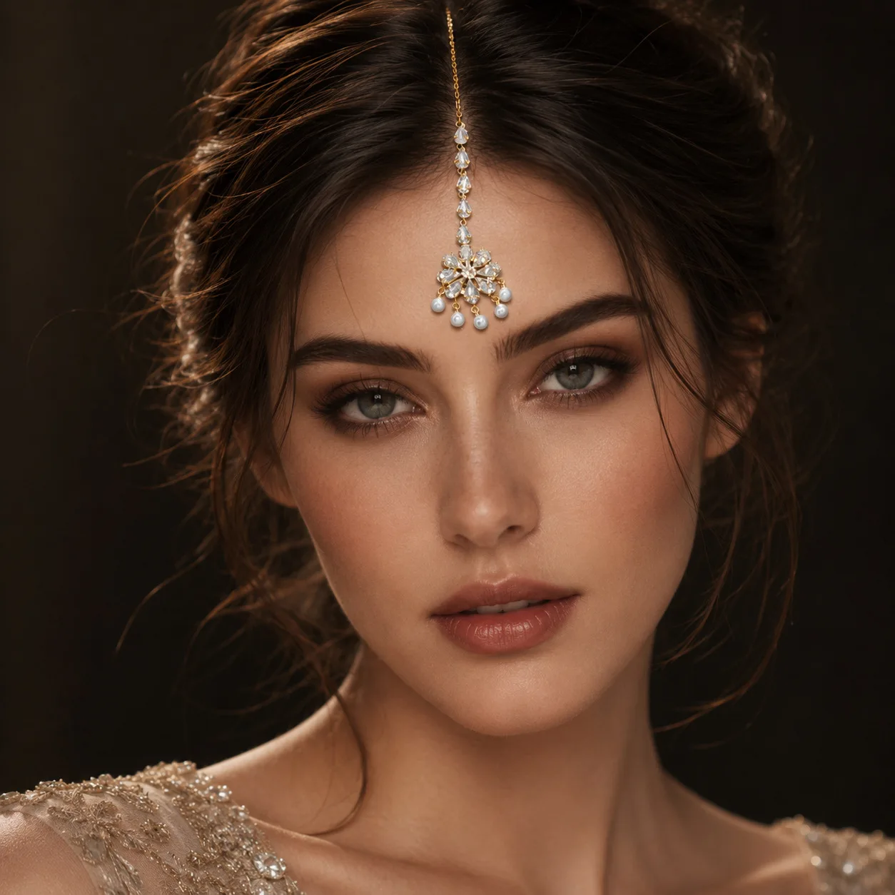 Teardrop Clear Rhinestone Round White Pearl Floral Maang Tikka Head Chain Elegant Bridal Women Wedding Forehead Hair Accessory