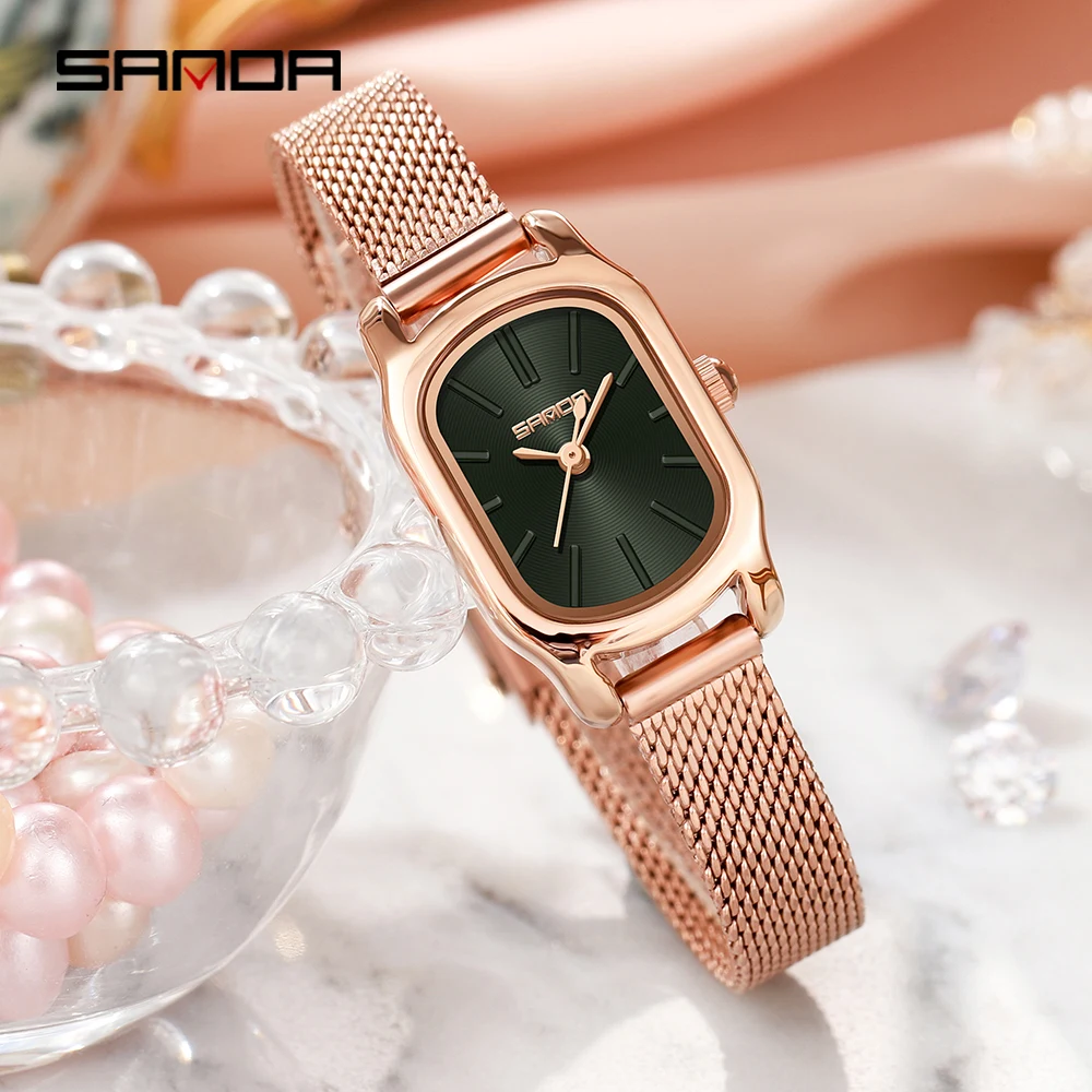 SANDA Genuine Watch New Womens Quartz Watch Casual Fashion Rose Gold Case Womens Watches Maroon Leather Strap Waterproof P1104