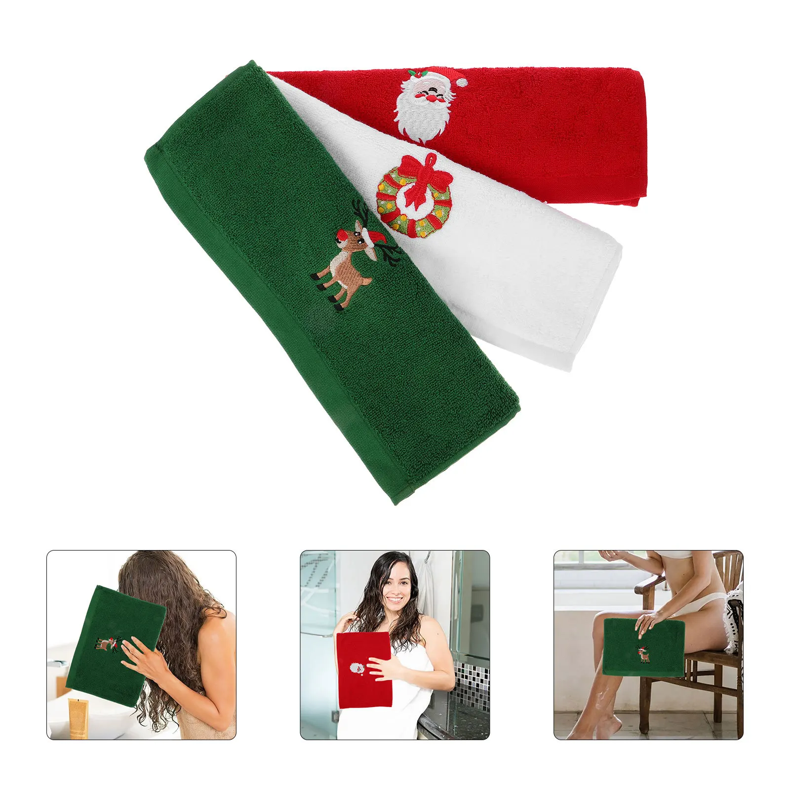 

3Pcs Christmas Hand Towels Cotton Embroidered Soft Absorbent Decorative Bathroom Kitchen Holiday Santa Themed Washable